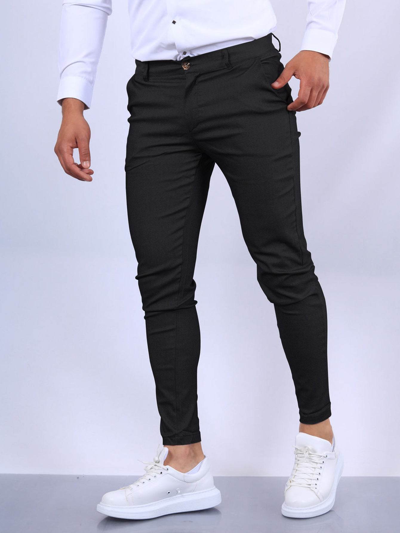 Men's Slim Button Trousers Fashion Solid Office Versatile Long Pencil Pants - Velora