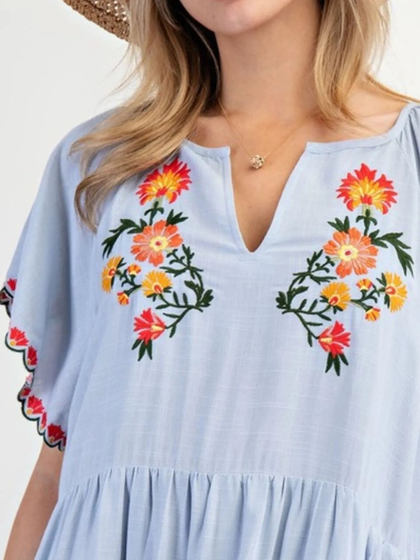 Floral Notched Flutter Sleeve Dress - Velora