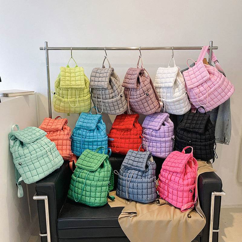 Candy Color Quilted Women Backpack Puffy Down Padded School Bag Large Cotton Travel Back Pack Bags For Women Plaids Shoulder Bag - Velora