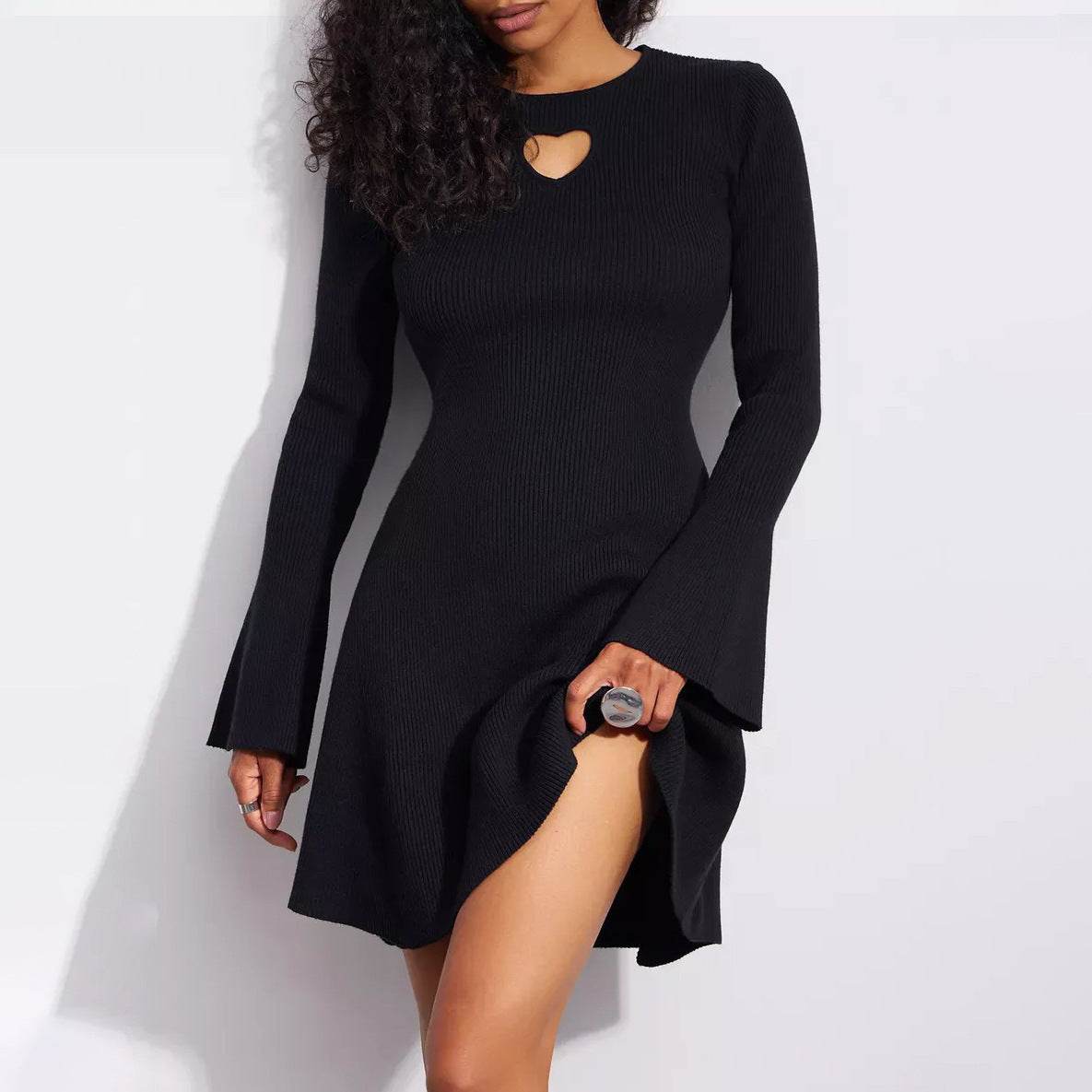 Women's Round Neck Hollow-out Love-shape Print Dress Design Tight Waist - Velora