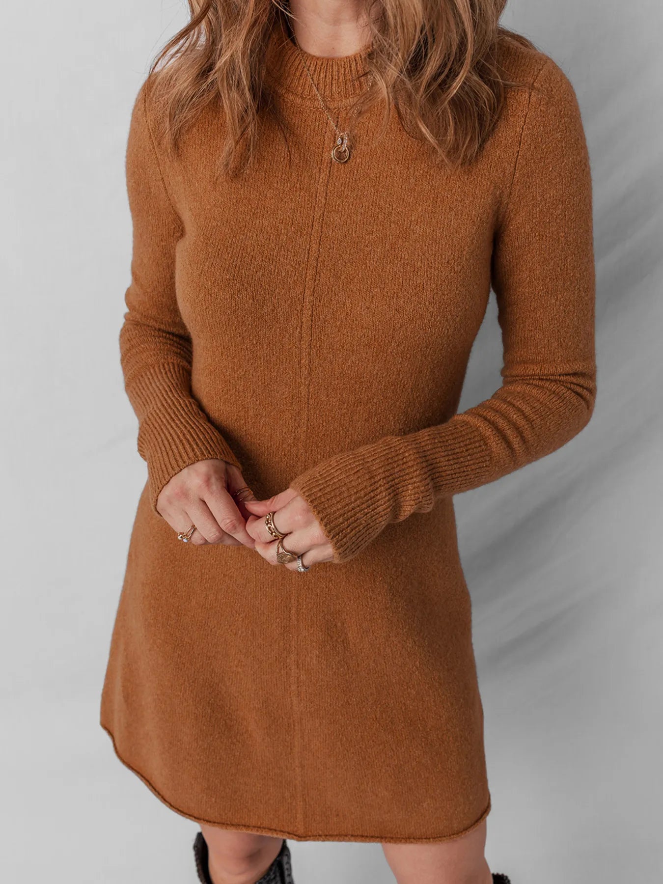 Ribbed Detail Solid Color Mini Sweater Dress - Velora