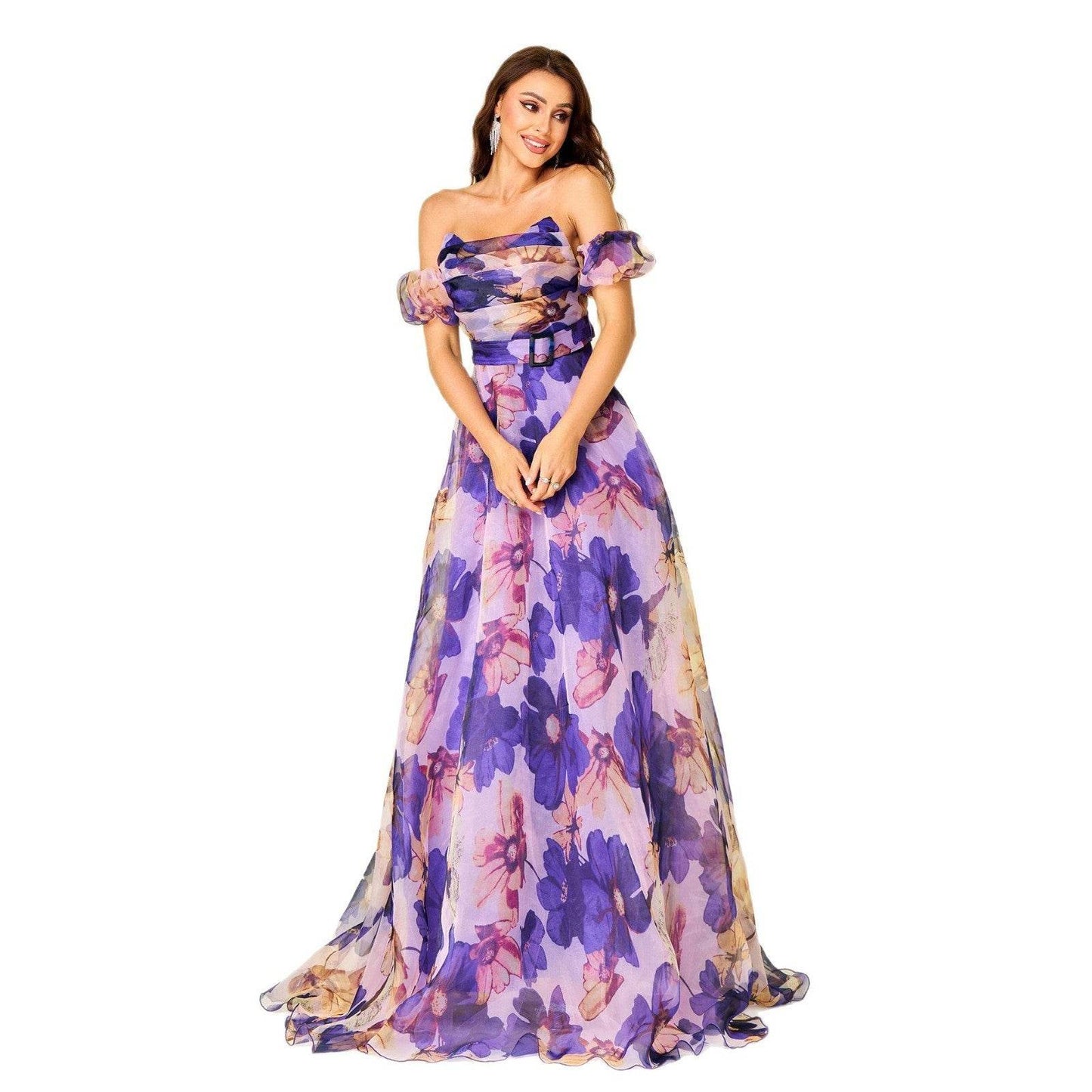Chest-wrapped Off-neck Slim-fit Waist Trimming Printing Banquet Large Swing Evening Dress - Velora