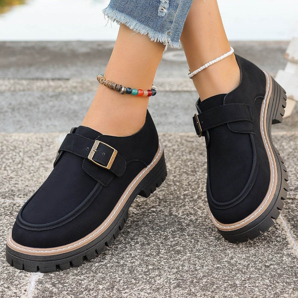 Fashion Buckle Loafers For Women British Style Height-increasing Thick-soled Casual Shoes - Velora