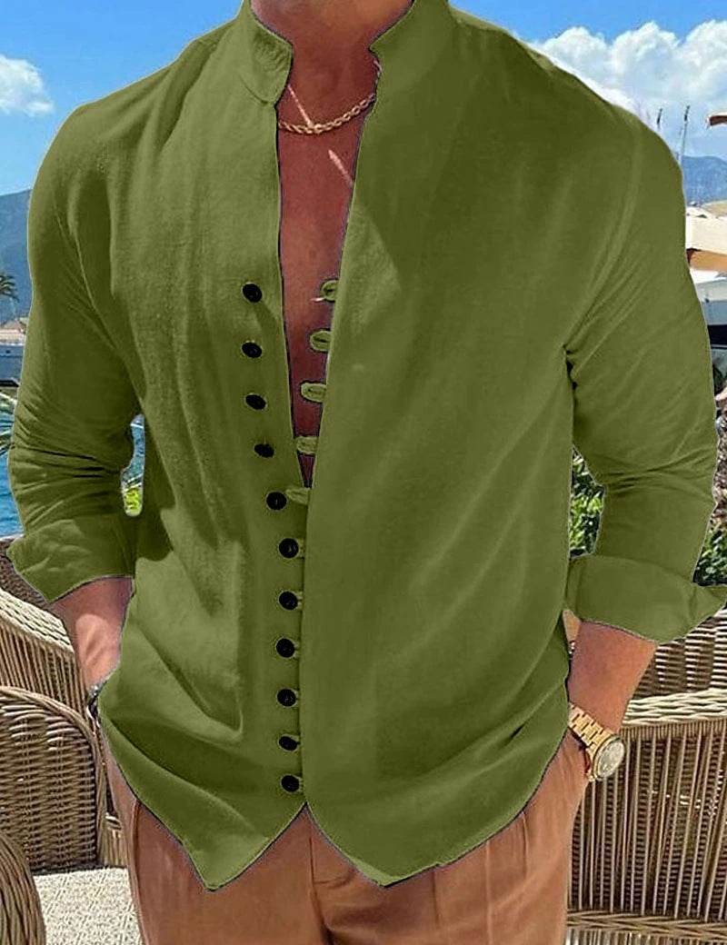 Retro Button Design Long-sleeved Shirt Men's Casual Loose Top Mens Clothing - Velora
