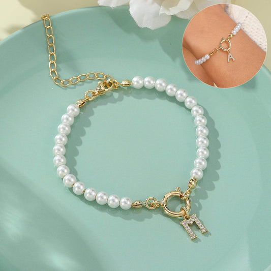 2024 New Fashion Toggle Clasp Initial Bracelet Women A-Z Letter Pendant 6mm Pearl Bracelet For Women Jewelry Gift - Velora