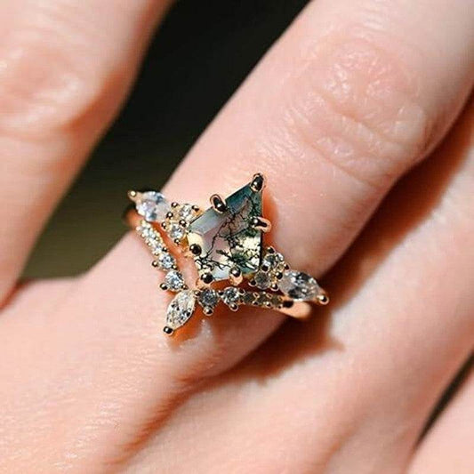 2pcs Fashion Rings Natural Green Moss Stone Agate Ring For Women Personalized Jewelry - Velora