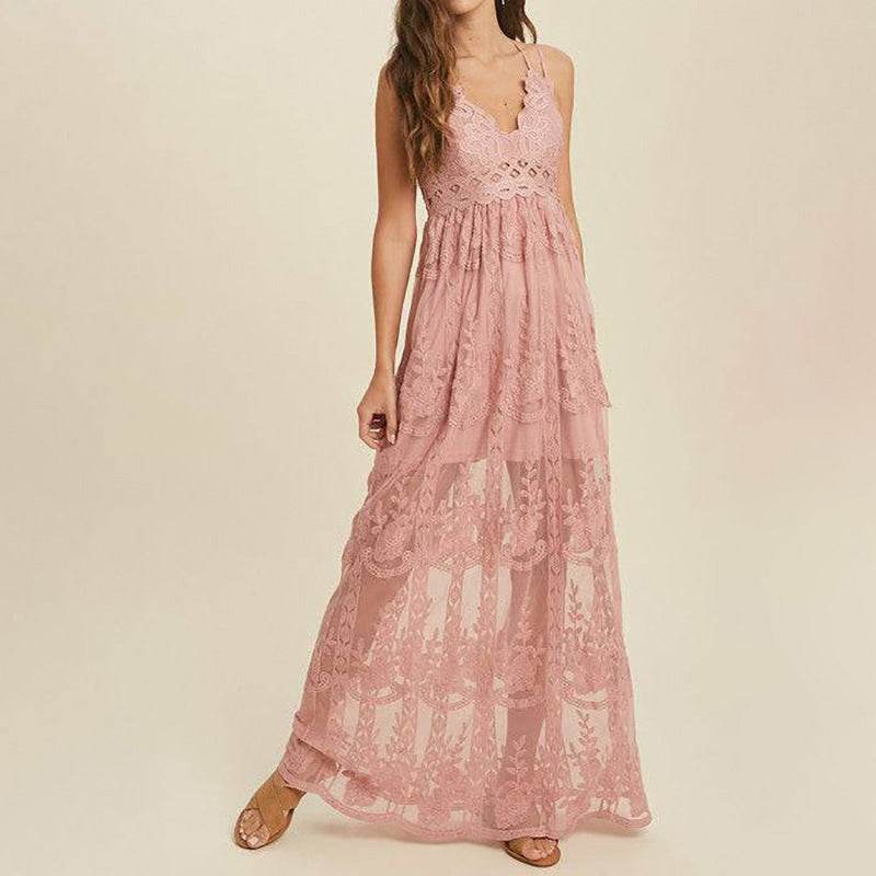 Women's Clothing V-neck Strap Lace Dress Temperament - Velora
