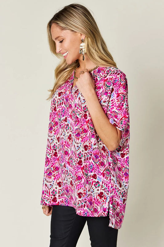 Double Take Full Size Printed V-Neck Short Sleeve Blouse - Velora