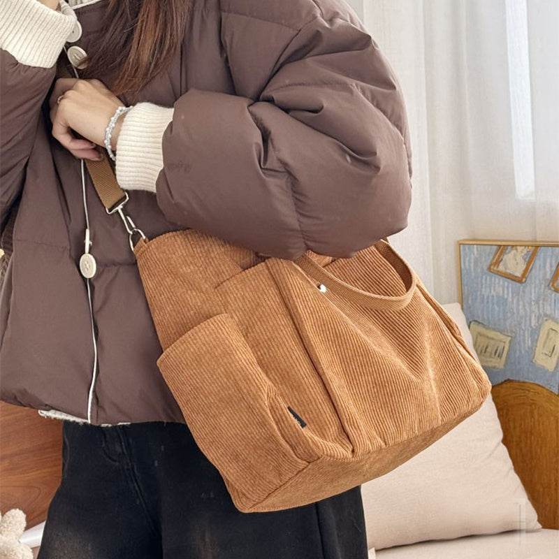 Thick Corduroy Shoulder Bags Simple All-match Commute Totes Student Leisure Artistic Portable Messenger Bag - Velora
