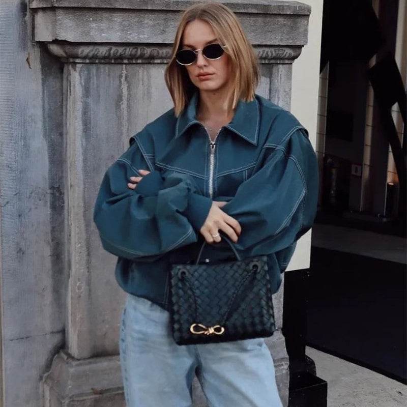 Loose Fashion Lapel Zip-up Jacket Cool Long Sleeve Zipper Closure Moto Biker Leather Jacket Womens Clothing - Velora