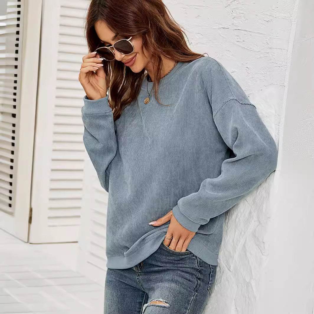 Corduroy Pullover Sweatshirt Casual Fashion Solid Round Neck Long-sleeved Tops Spring And Autumn Clothing For Women - Velora