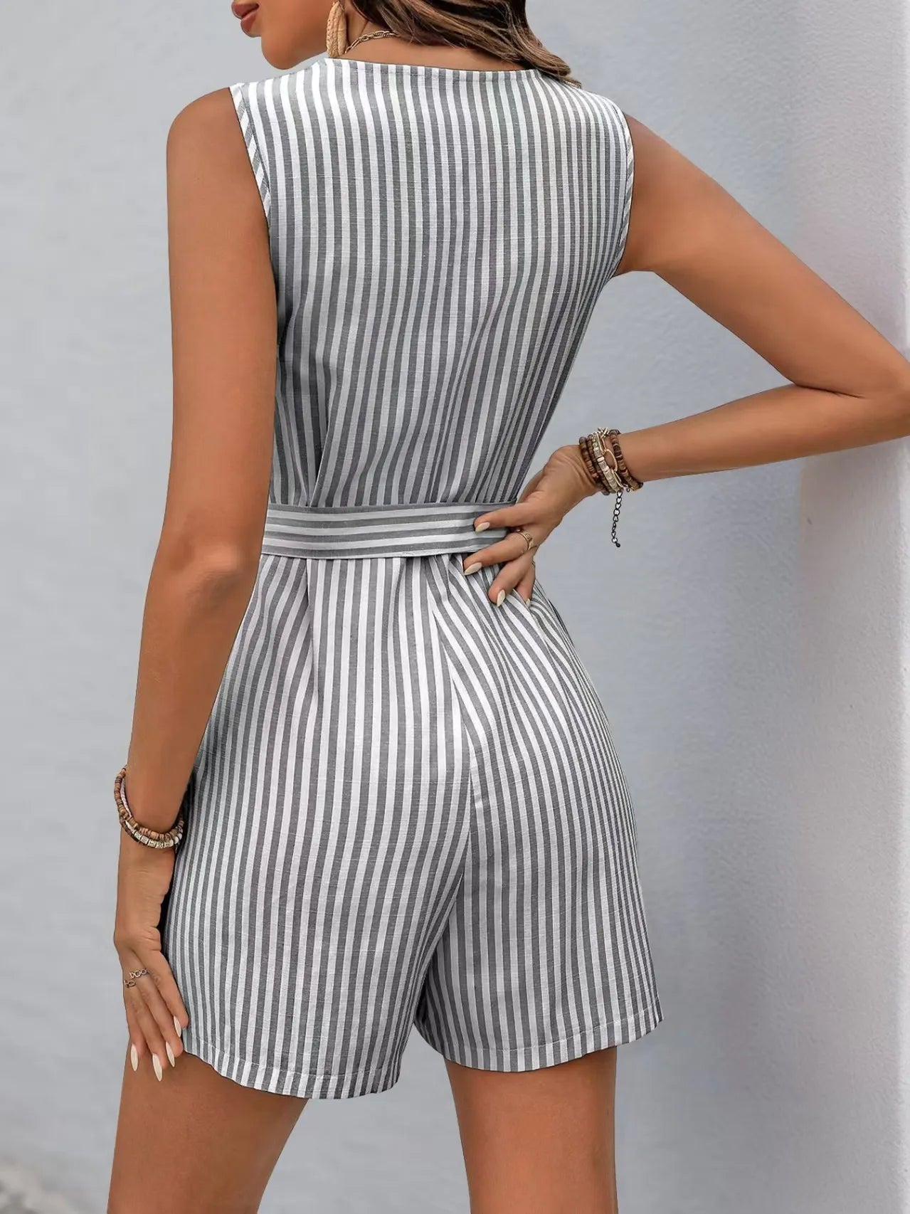 Striped V-neck Button Front Belted Romper - Velora