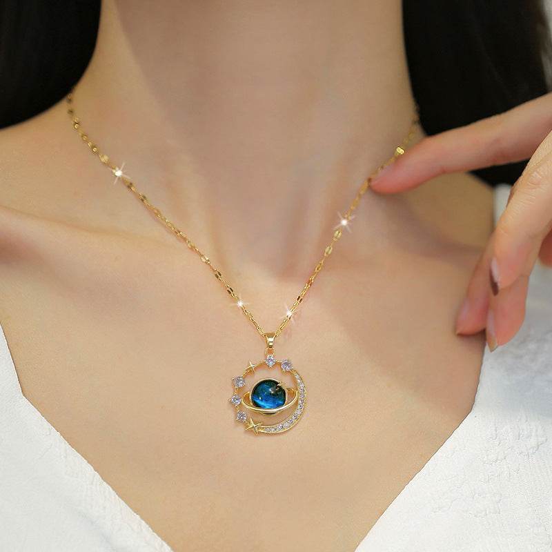 Stainless Steel Starry Sky Planet Astronaut Necklace For Women Light Luxurious Temperament Star Metal Chain Jewelry Gift - Velora