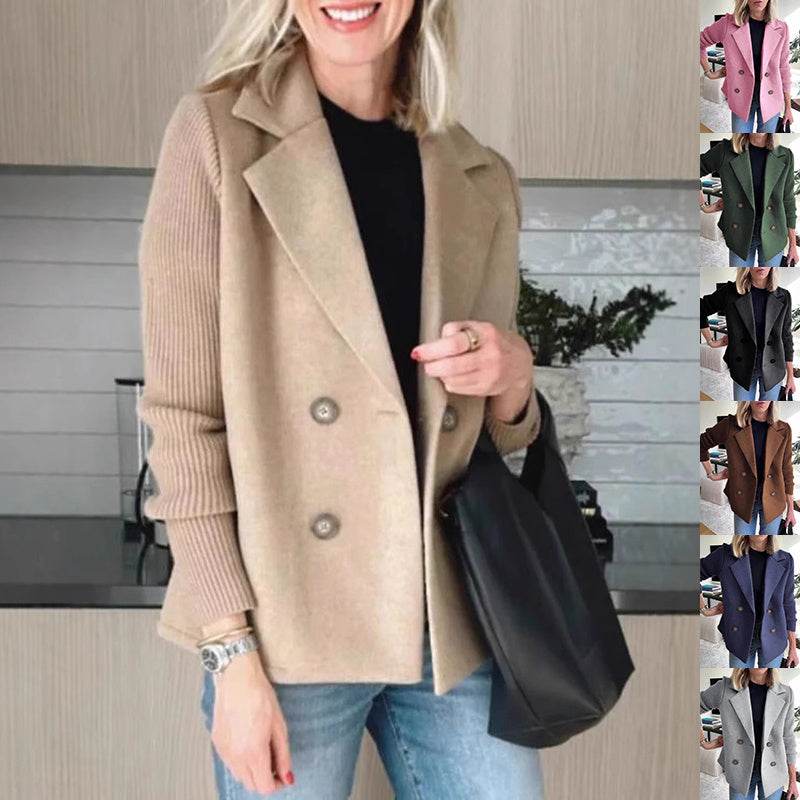 Double Breasted Lapel Jacket Fashion Knitted Sleeves Splicing Design Coat Outerwear Women's Clothing - Velora
