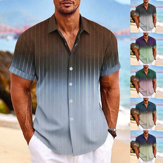 Lapel Button Short-sleeved Shirt Summer Fashion Gradient Striped Print Beach Shirt Leisure Tops Men's Clothing - Velora