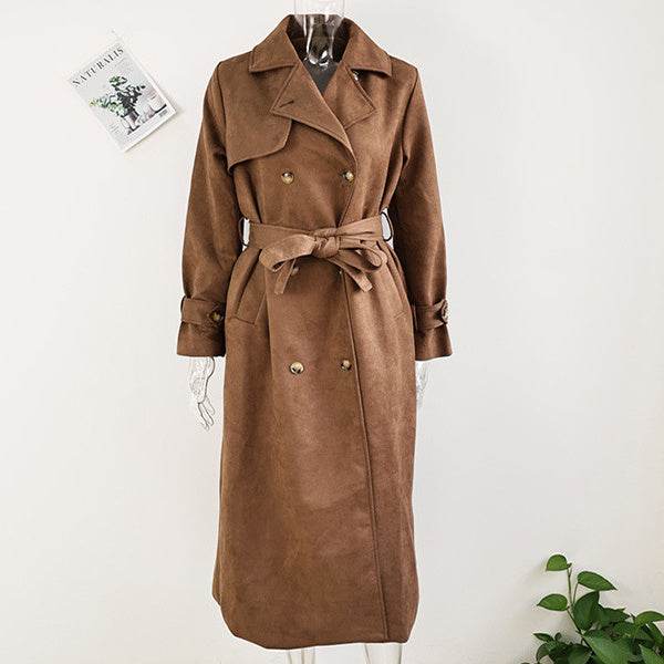 Double Breasted Lapel Shift Coat With Belt Fashion Vintage Suede Long Coat Winter Outwear Women's Clothing - Velora