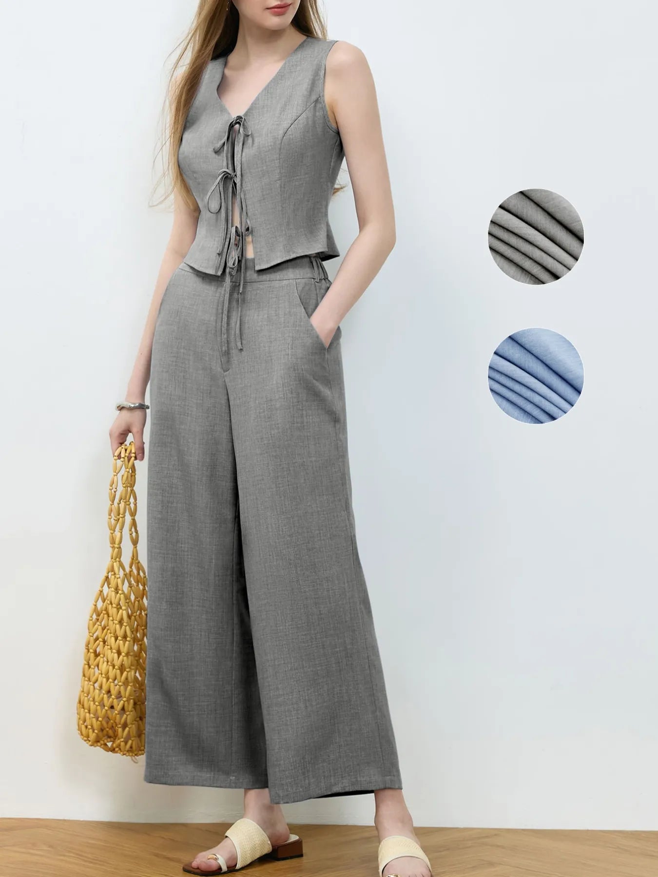 Tie Front Vest and Wide Leg Pants Set - Velora