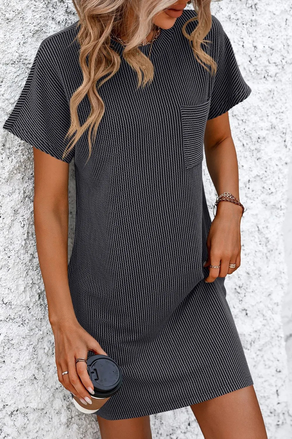 Mandy Ribbed Striped Short Sleeve Mini Tee Dress - Velora