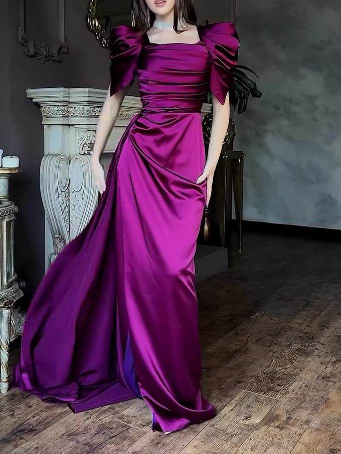 Elegant Puff Sleeve Pleated Slit Maxi Dress - Velora