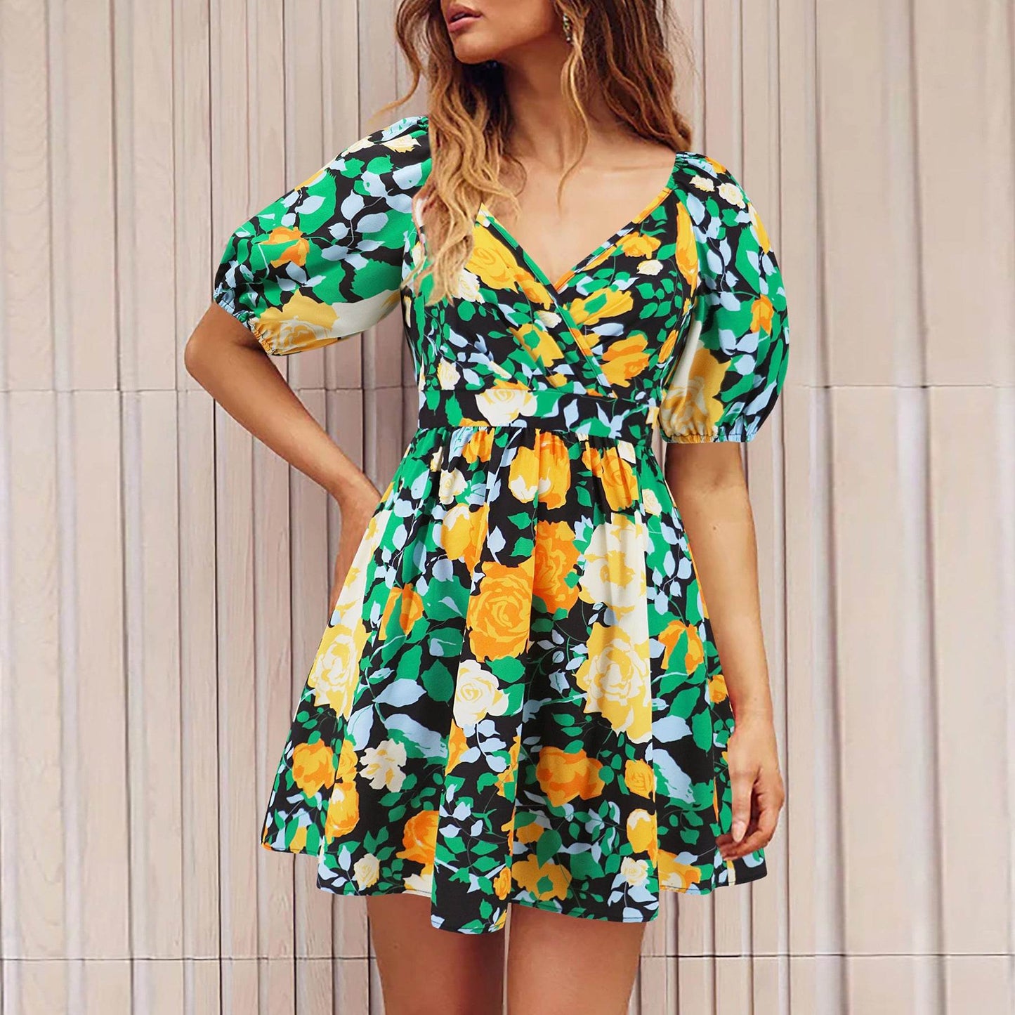 Flowers Print V-Neck Lantern-sleeve Dress Y2K Summer Vacation Beach Short Dresses Fashion Womens Clothing - Velora