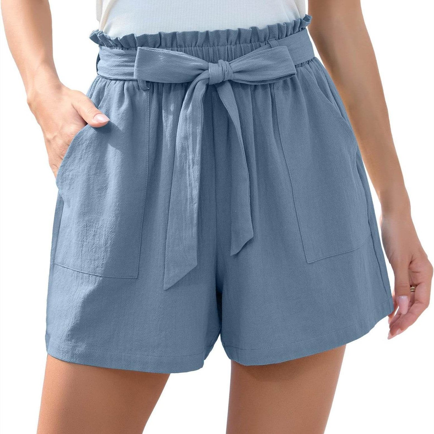 Fashion Ruffle Bow Waist Tie Shorts Summer Beach Pants With Pockets Womens Clothing - Velora