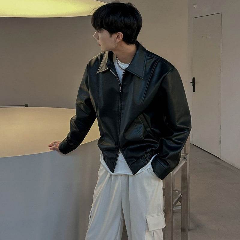 Cropped Leather Coat Male Polo Collar Top - Velora