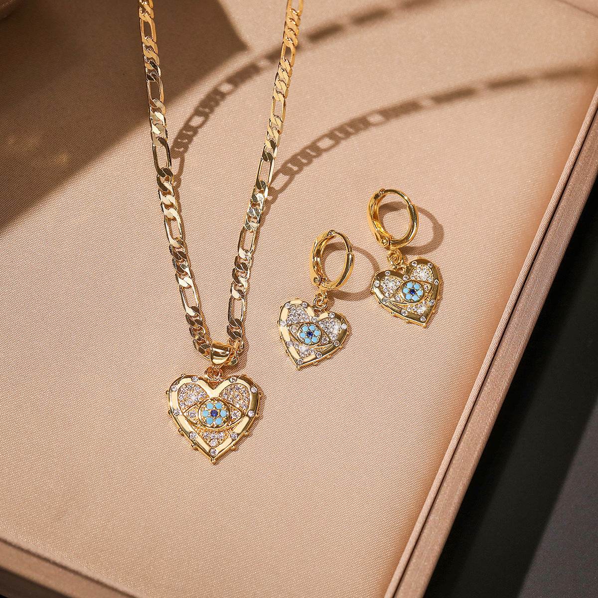 Fashion Jewelry Personality Copper Plated Real Gold Heart-shaped Zircon Pendant Necklace And Earrings Suite - Velora