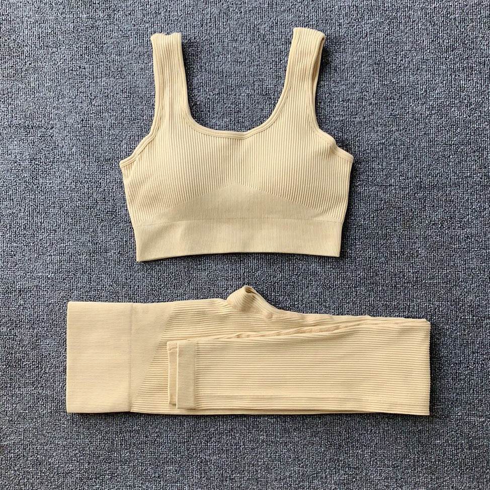 2pcs Thread Yoga Suit Seamless Bra And Butt Lifting High Waist Leggings Set For Women Sports Fitness Yoga Pants Sportswear Outfits Clothing - Velora