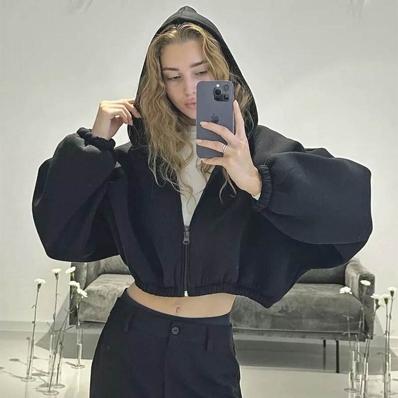 Casual Solid Color Hooded Short Jacket Y2K Fashion Sports Sweatshirt Long Sleeve Zip Up Cardigan Hoodies Women's Clothing - Velora
