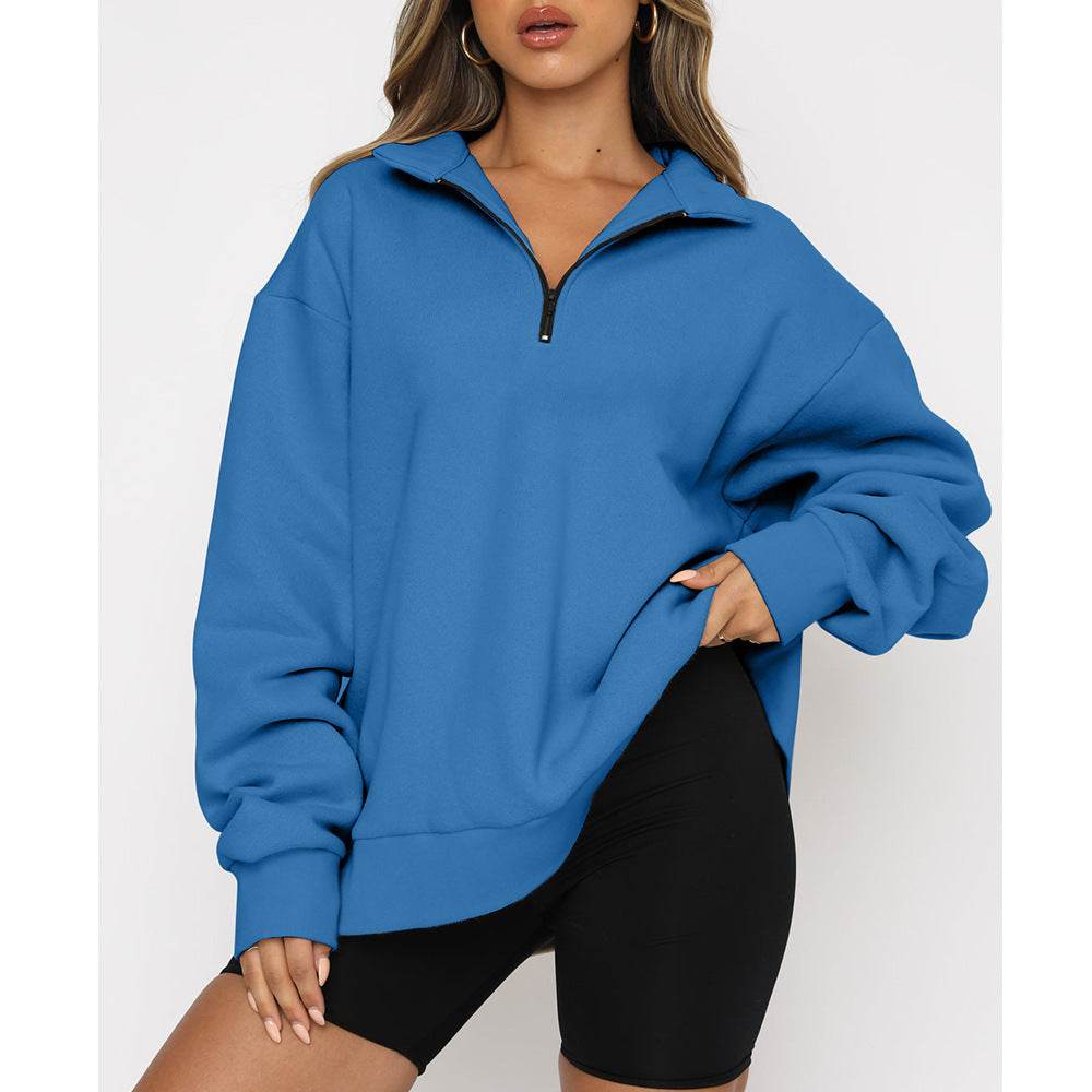 Women Sweatshirts Zip Turndown Collar Loose Casual Tops Clothes - Velora