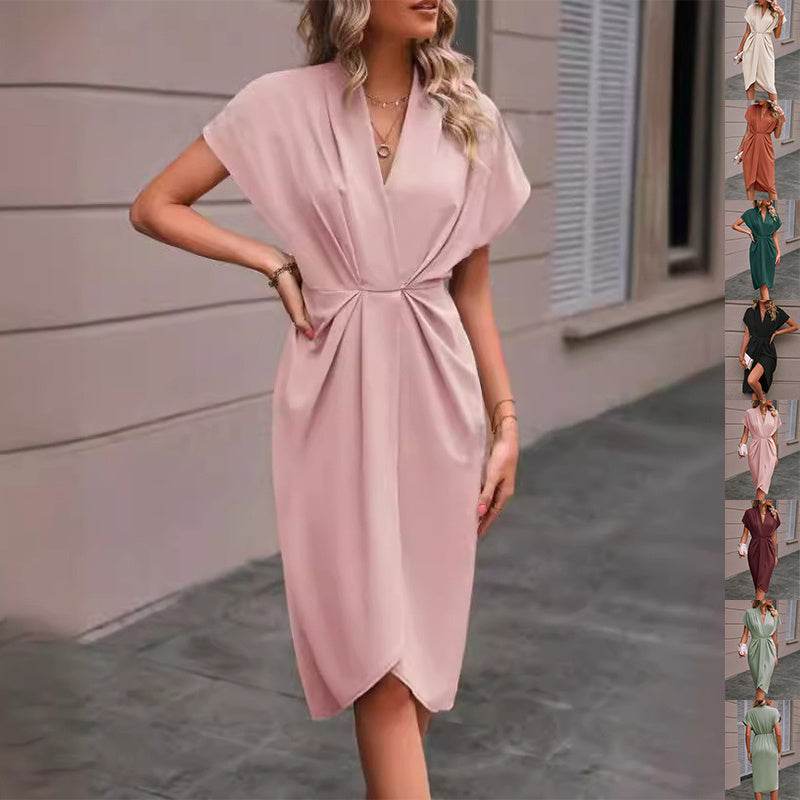 Summer Batwing Sleeve Dress Fashion V-neck Short Sleeve Pleated Dresses Womens Clothing - Velora