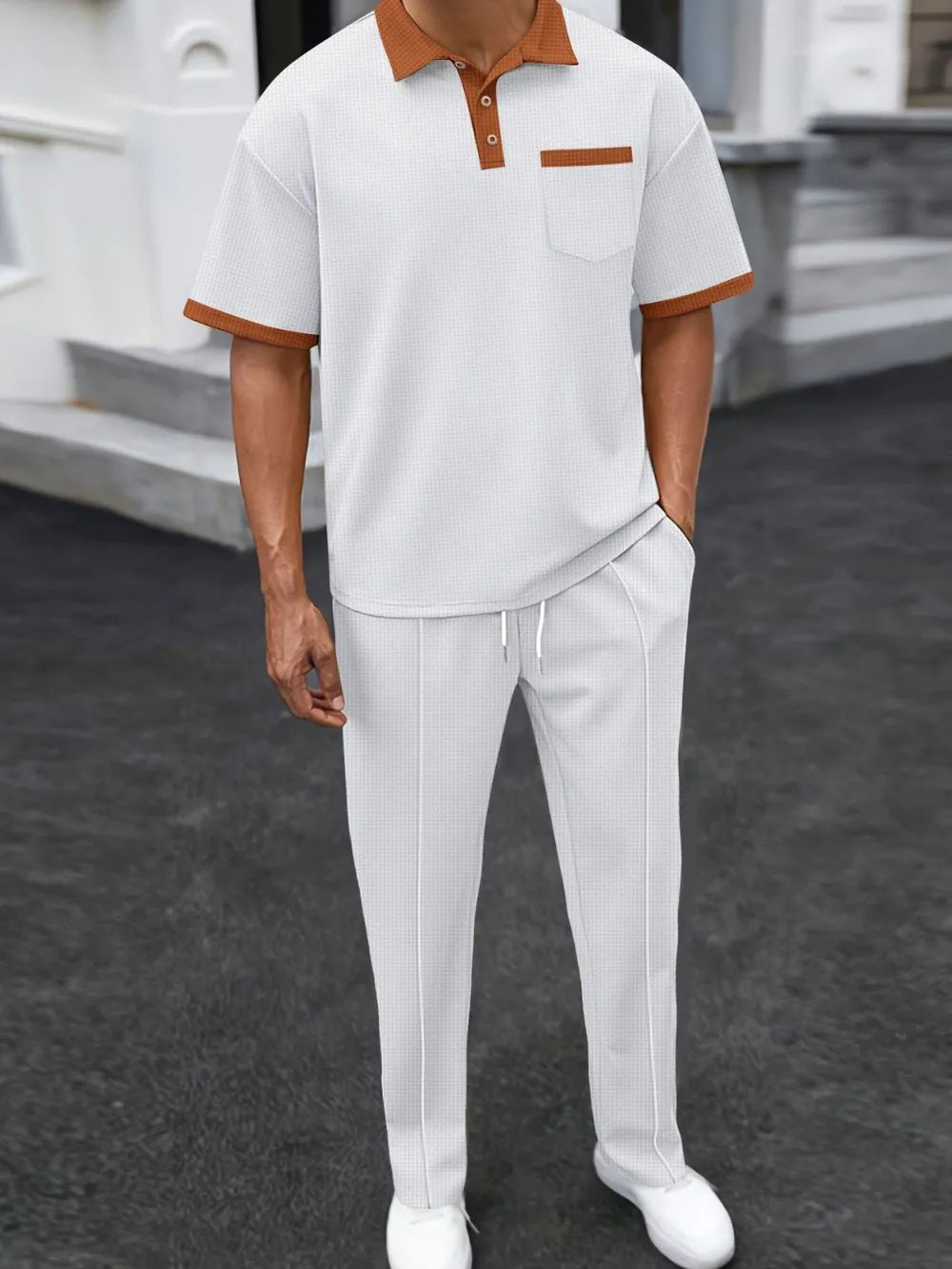 Men's Full Size Waffle-Knit Contrast Polo and Pants Set Plus Size - Velora