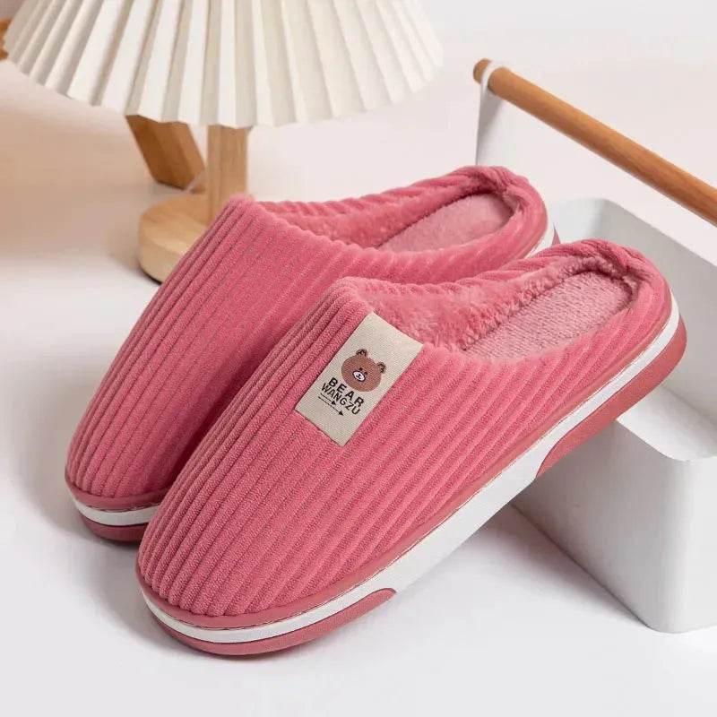 Solid Color Striped Slippers For Women Thick-soled Anti-slip Indoor Warm Plush Home Shoes Couple Women Men Slipper Winter - Velora