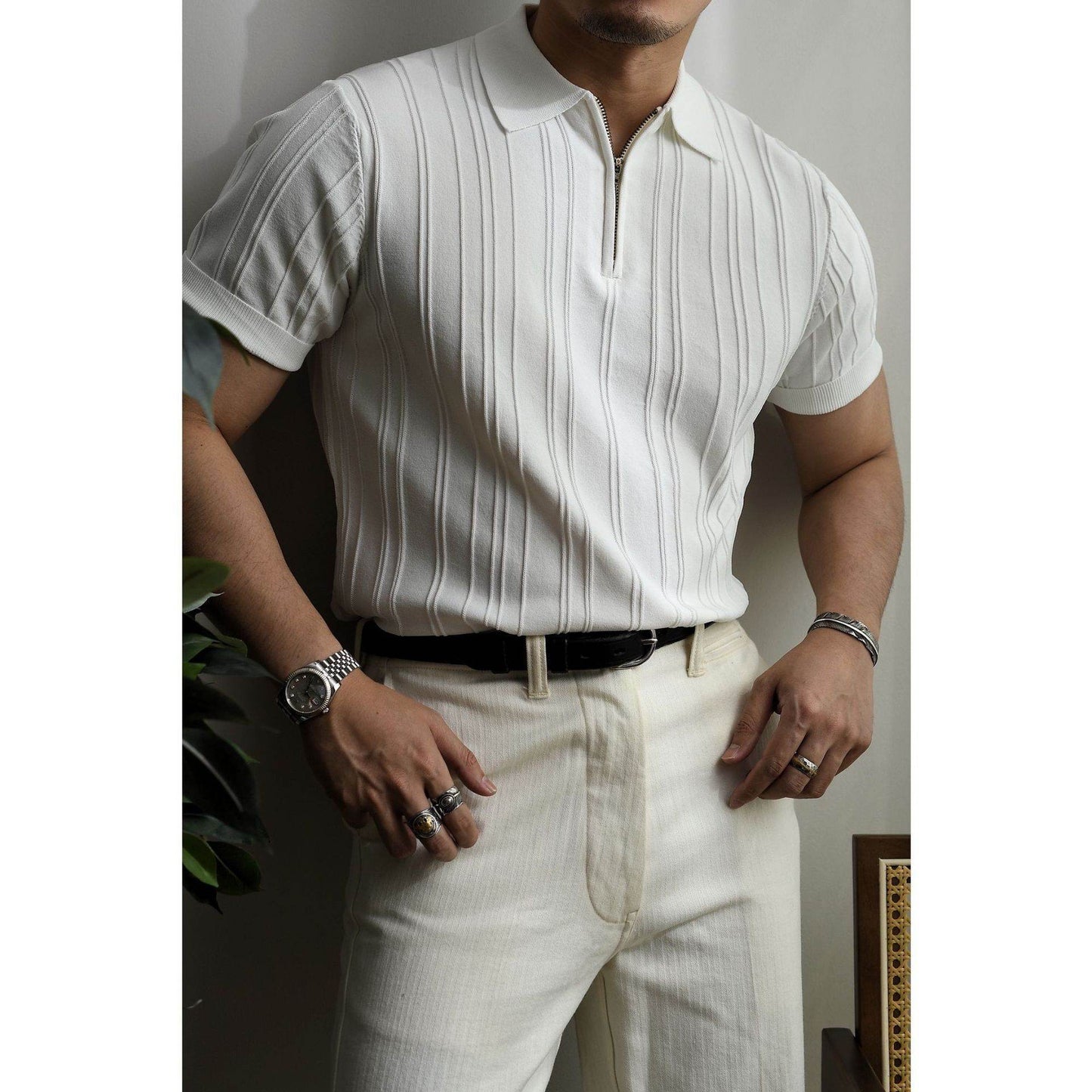 Zipper Knitted Short-sleeved Polo Shirt Men's Loose Lapels T-shirt - Velora
