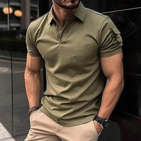 European And American Summer Men's Lapel Button P Arm Short Sleeve Pocket Sweatshirt - Velora