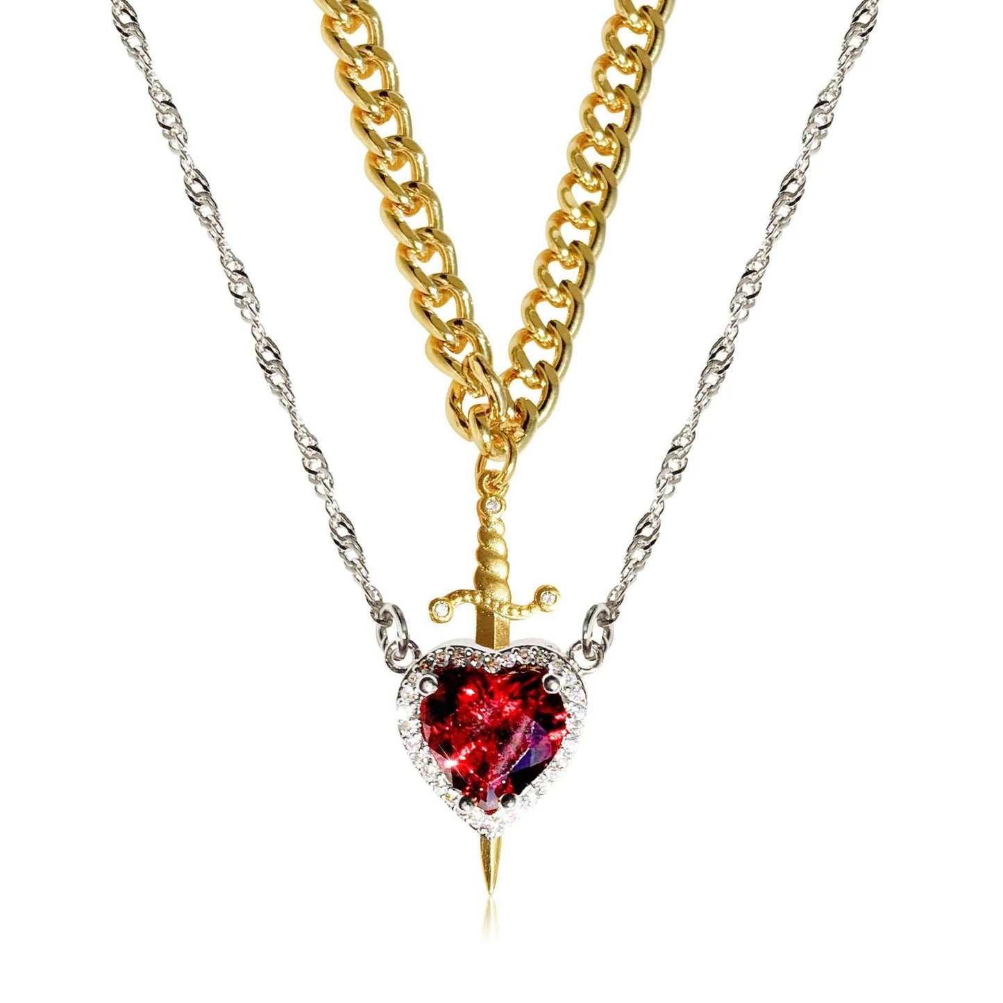 New Heart And Sword Necklace Set Gold Color Stainless Steel Crystal Couple Necklaces For Women Men Boyfriend Girlfriend Gifts - Velora