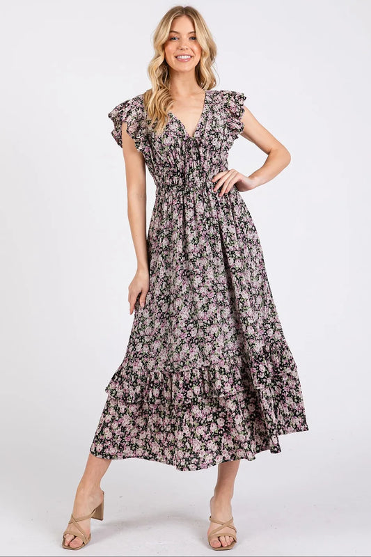 Mittoshop Flower Print Ruffle Cap Sleeve V-neck Midi Dress - Velora