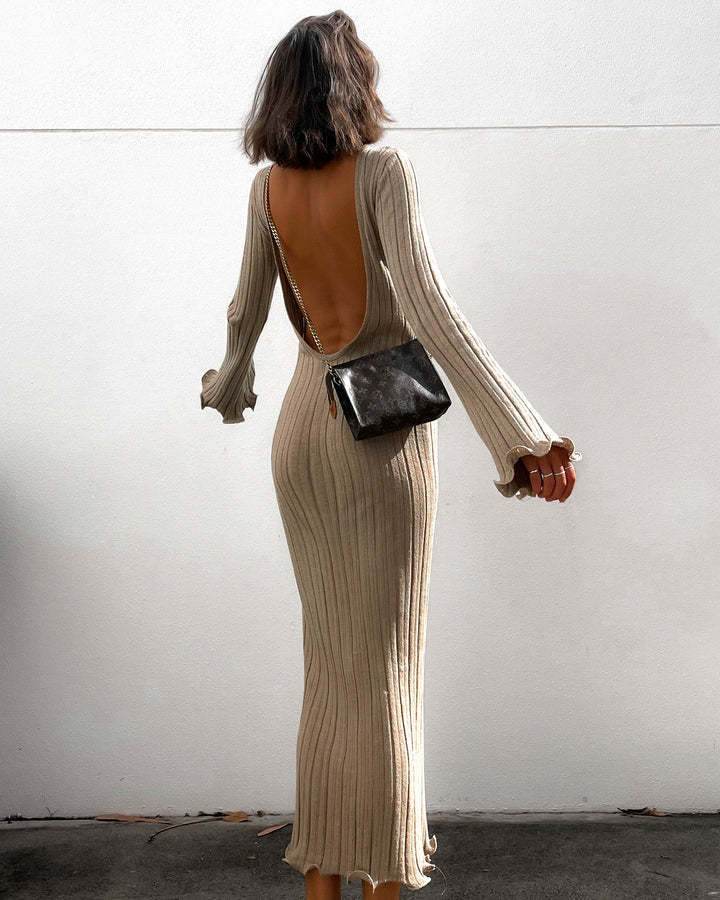 Fashion Slim Long-sleeved Ruffled Long Dress Sexy Hip-wrapped Back-less Knitted Maxi Dresses For Party Beach Womens Clothing - Velora
