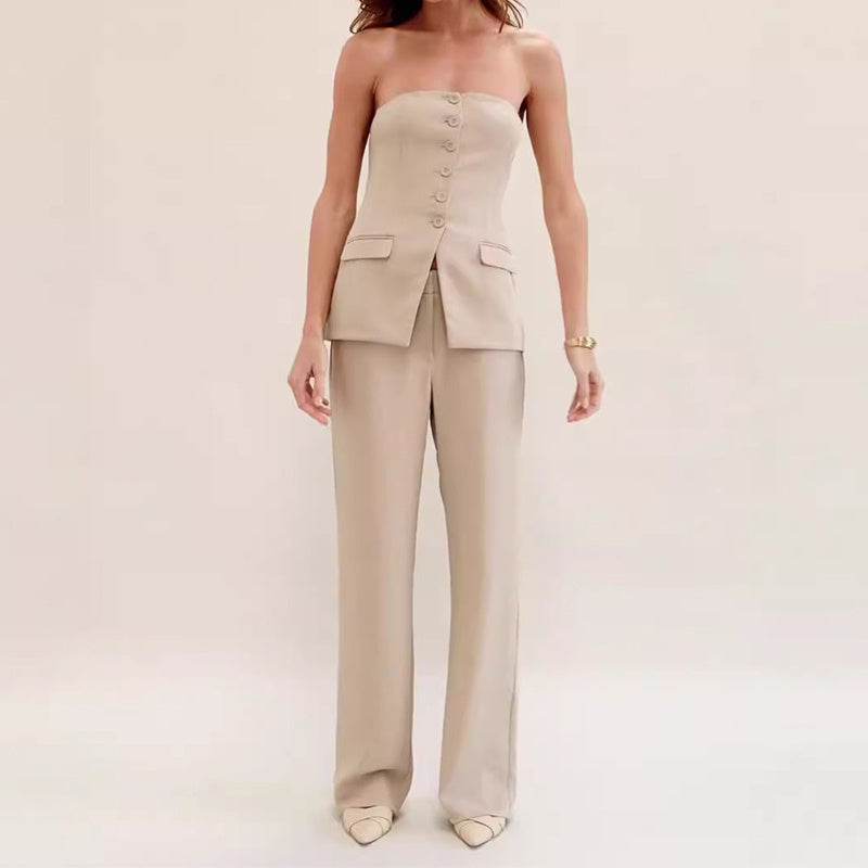 Graceful Tube Top Suit Fashion Button Sleeveless Top And Straight Pants Women's Trousers Set - Velora