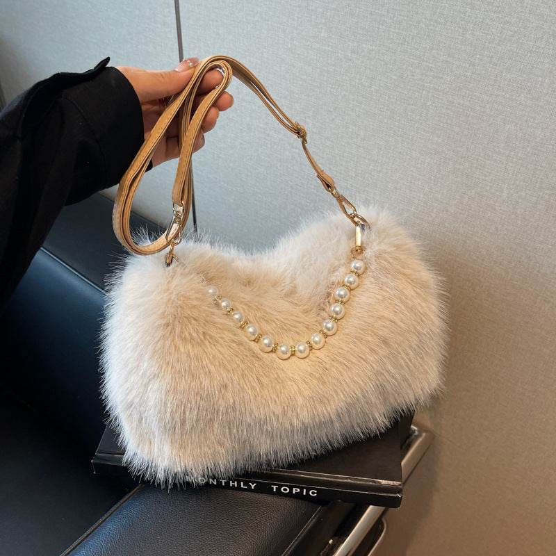 Autumn And Winter Fashion Shoulder Bags Pearl Chain Crossbody Bag Versatile Commuting Armpit Plush Female Bag - Velora