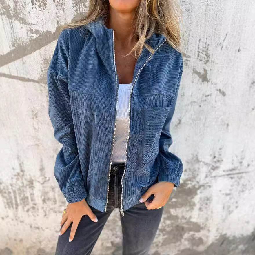 Women's Solid Color Simple Corduroy Hooded Jacket - Velora