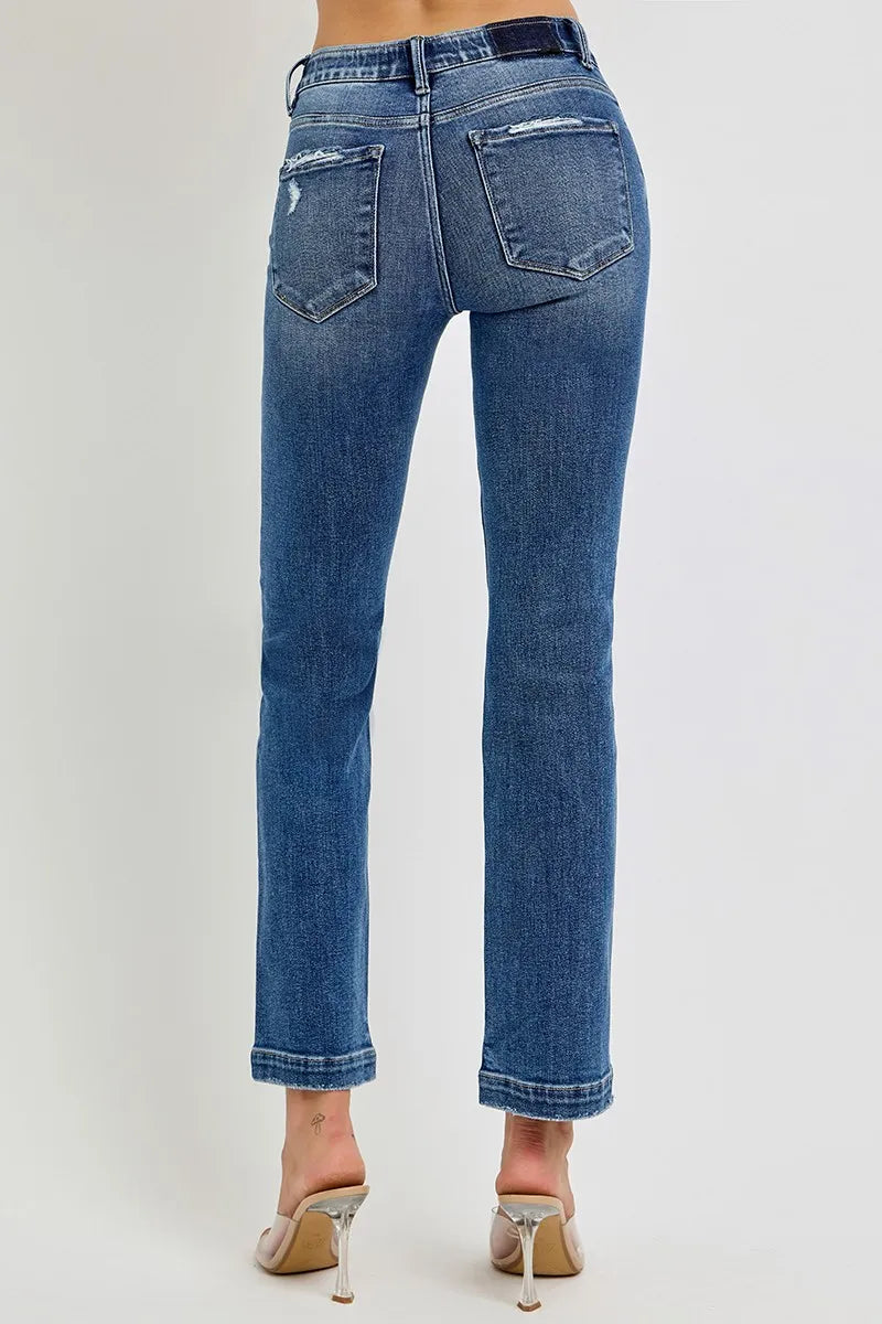 RISEN Full Size Tummy Control Elastic Band Mid Rise Straight Jeans Plus Size - Velora