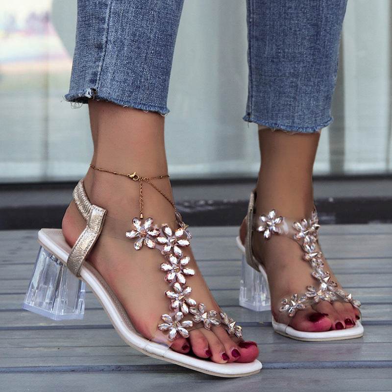 Fashion Flowers Sandals With Transparent High Square Heels Summer Square Toe Shoes For Women - Velora