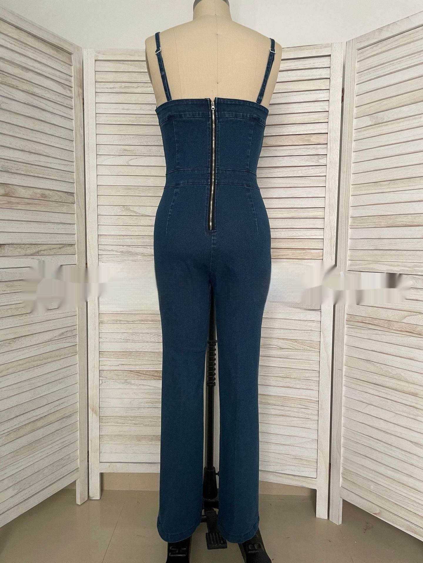 Women Sleeveless Denim Jumpsuit V Neck Wide Leg Flared Jumpsuit High Waist Back Zipper Slim Fit Denim Jumpsuit Jeans Overalls - Velora