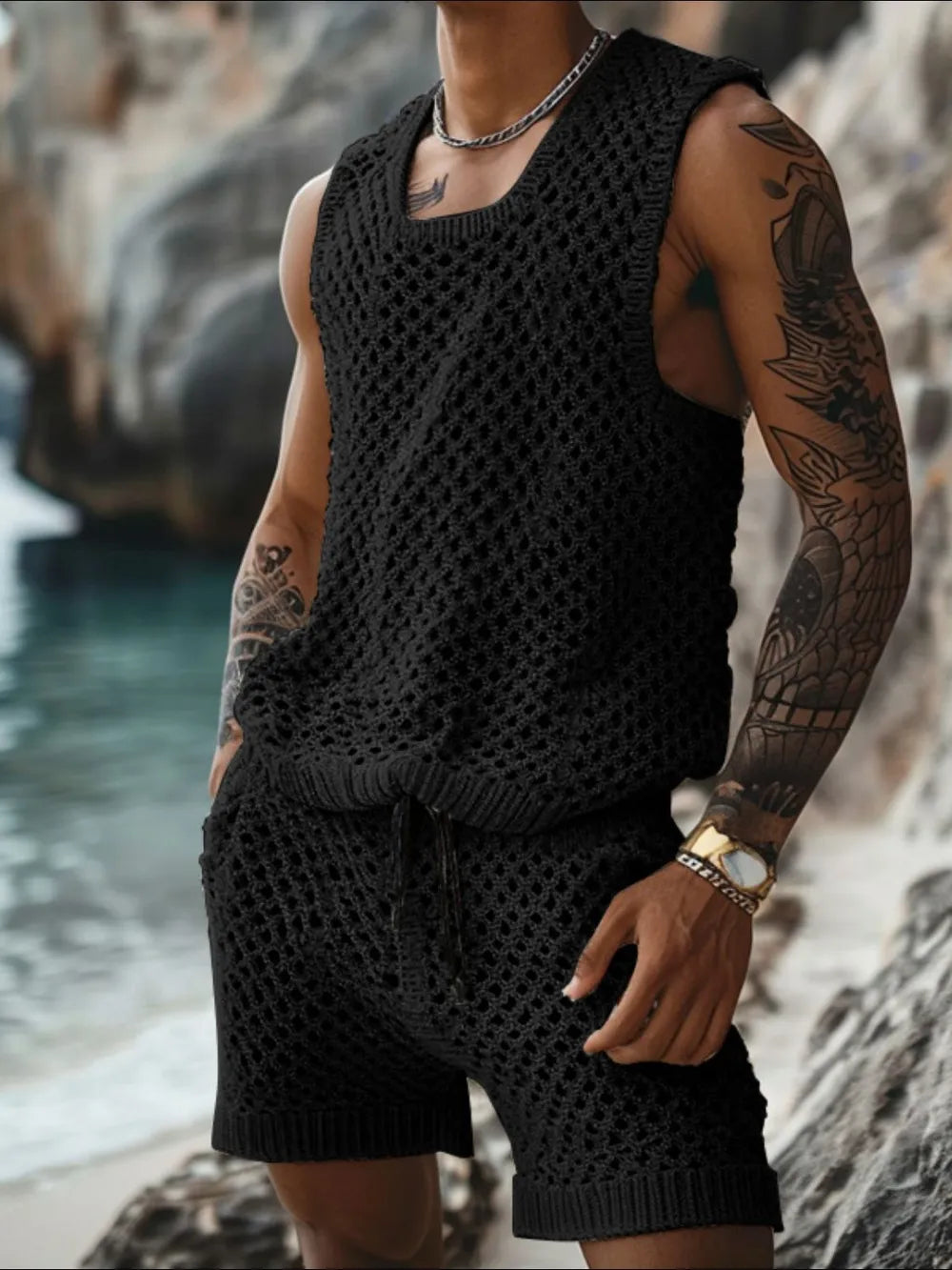 Men's Plus Size Hollow Out Round Neck Tank and Shorts Set - Velora
