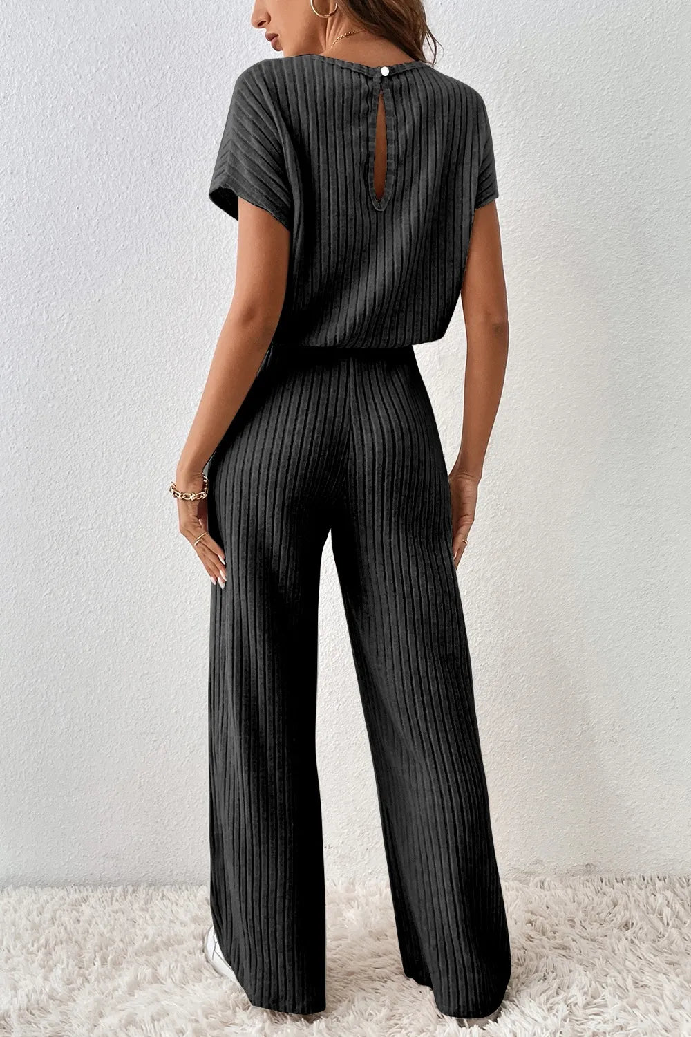 Ribbed Short Sleeve Wide Leg Jumpsuit - Velora
