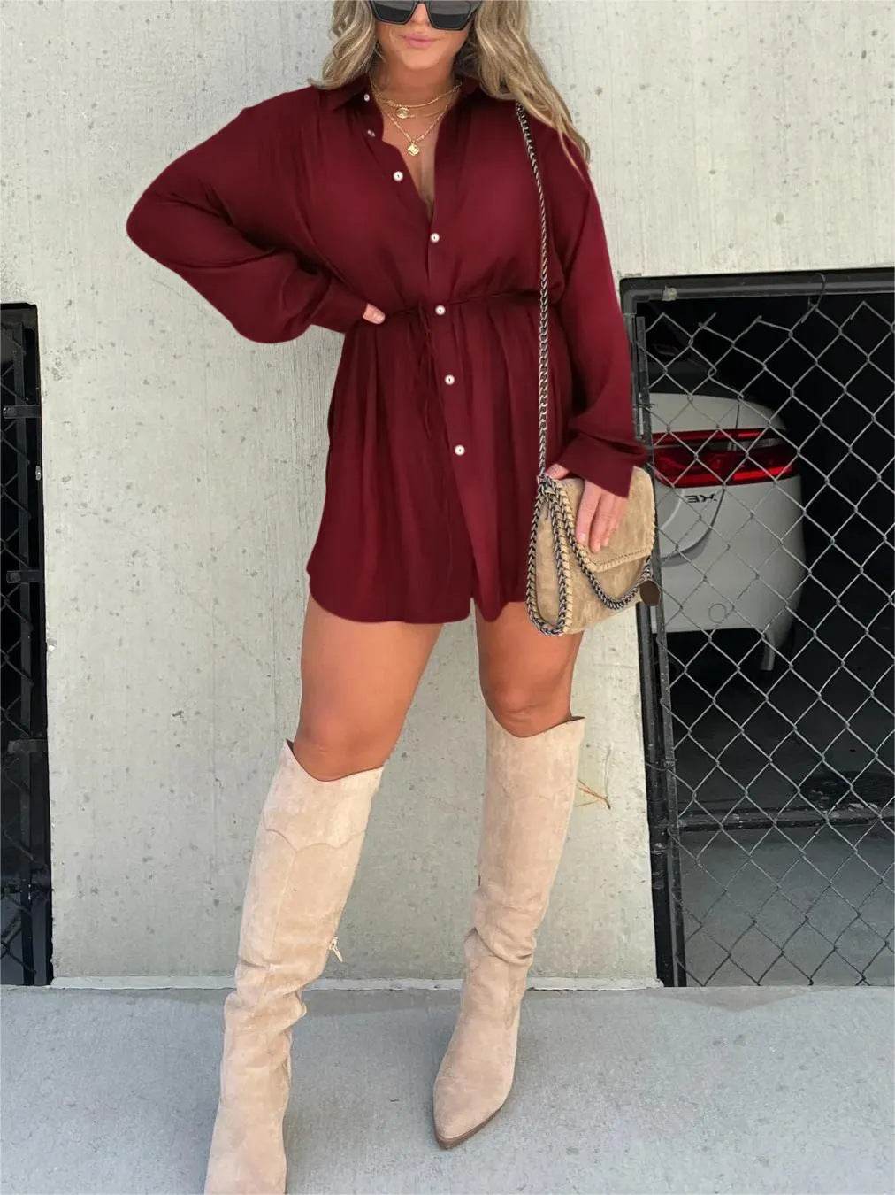 Women's Long Sleeve Jumpsuit With Button Fashion Shirt Dress - Velora