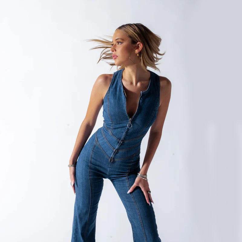 Summer Slim Heart-shape Backless Denim Jumpsuit Women Halter Neck Zip Up High Waist Panst Retro Style Clothing - Velora