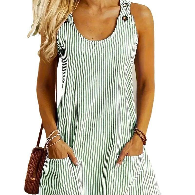 Summer Fashion Striped Patchwork Commuting U-Neck Sleeveless Pockets Back Button Casual Straight Slimming Mini Dress For Women - Velora