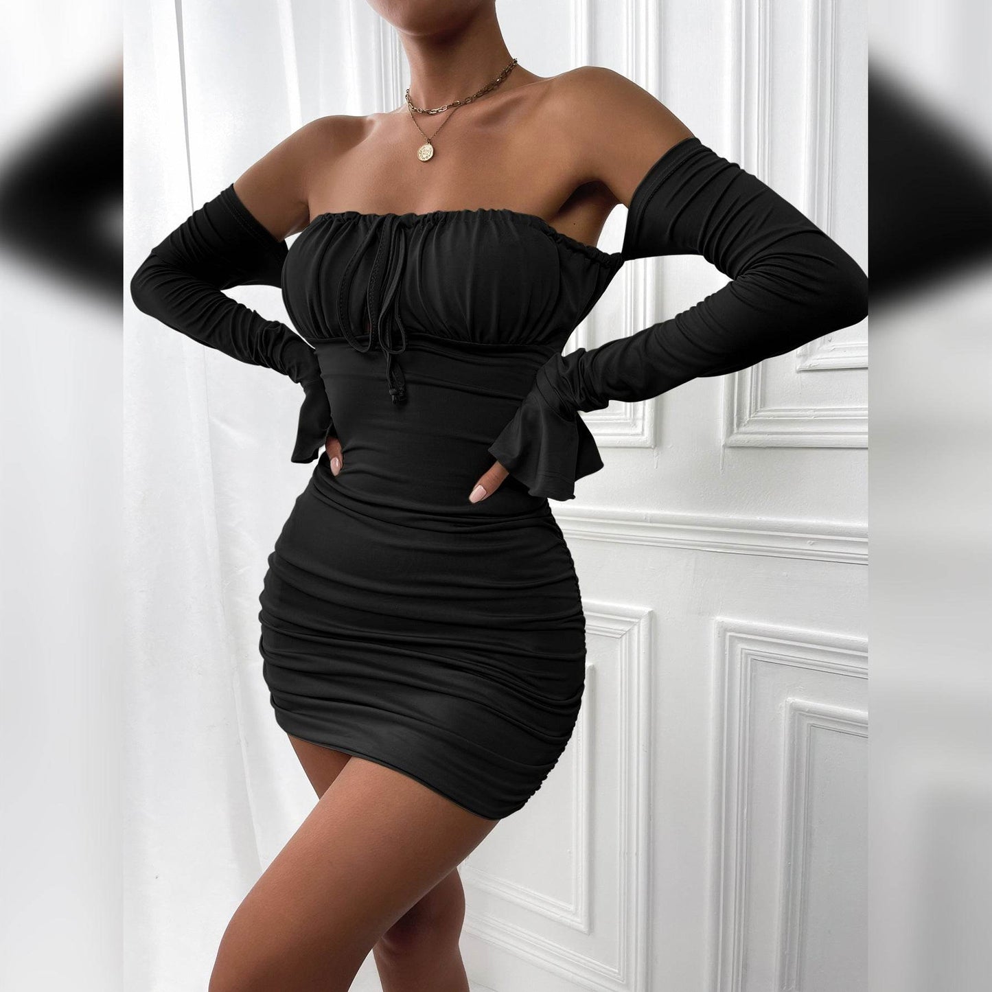 Fashion Slim Off-shoulder Long Sleeve Dress Sexy Tie Pleated Short Dresses Womens Clothing - Velora